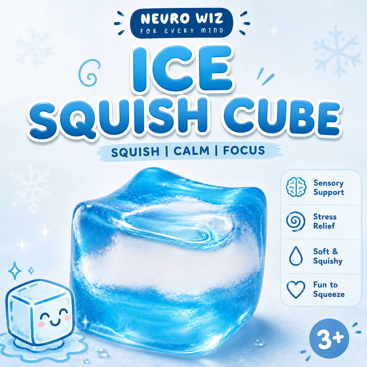 Ice Squish Cube – weicher, drückbarer sensorischer Fidget‑Würfel für Kinder Ana Wiz