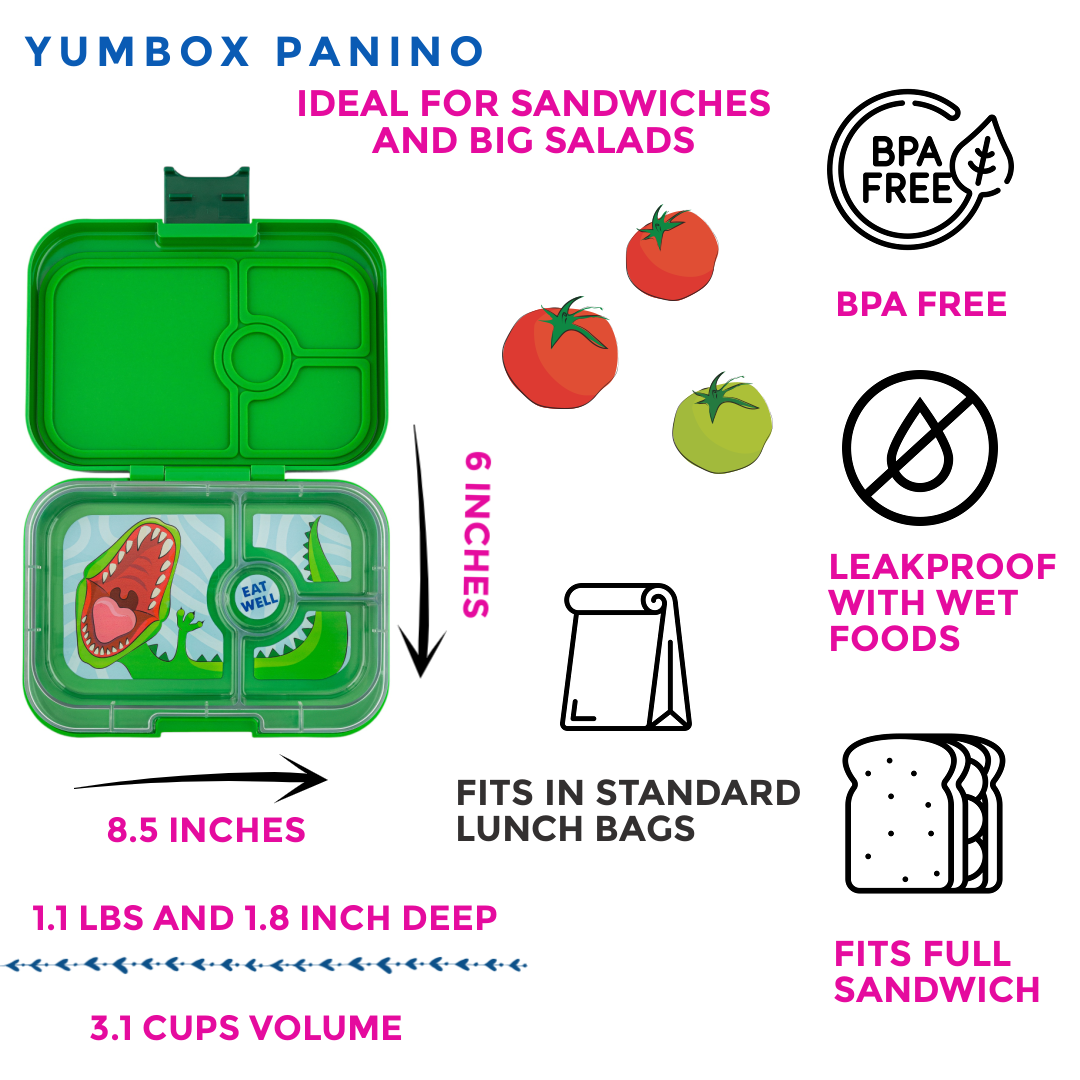 Yumbox Original - Auslaufsichere Bento-Box, mot 4 Fächer geeignet für Sandwiches, Jurassic Green (Dino) - kleiner Kratzer in Deckel Yumbox
