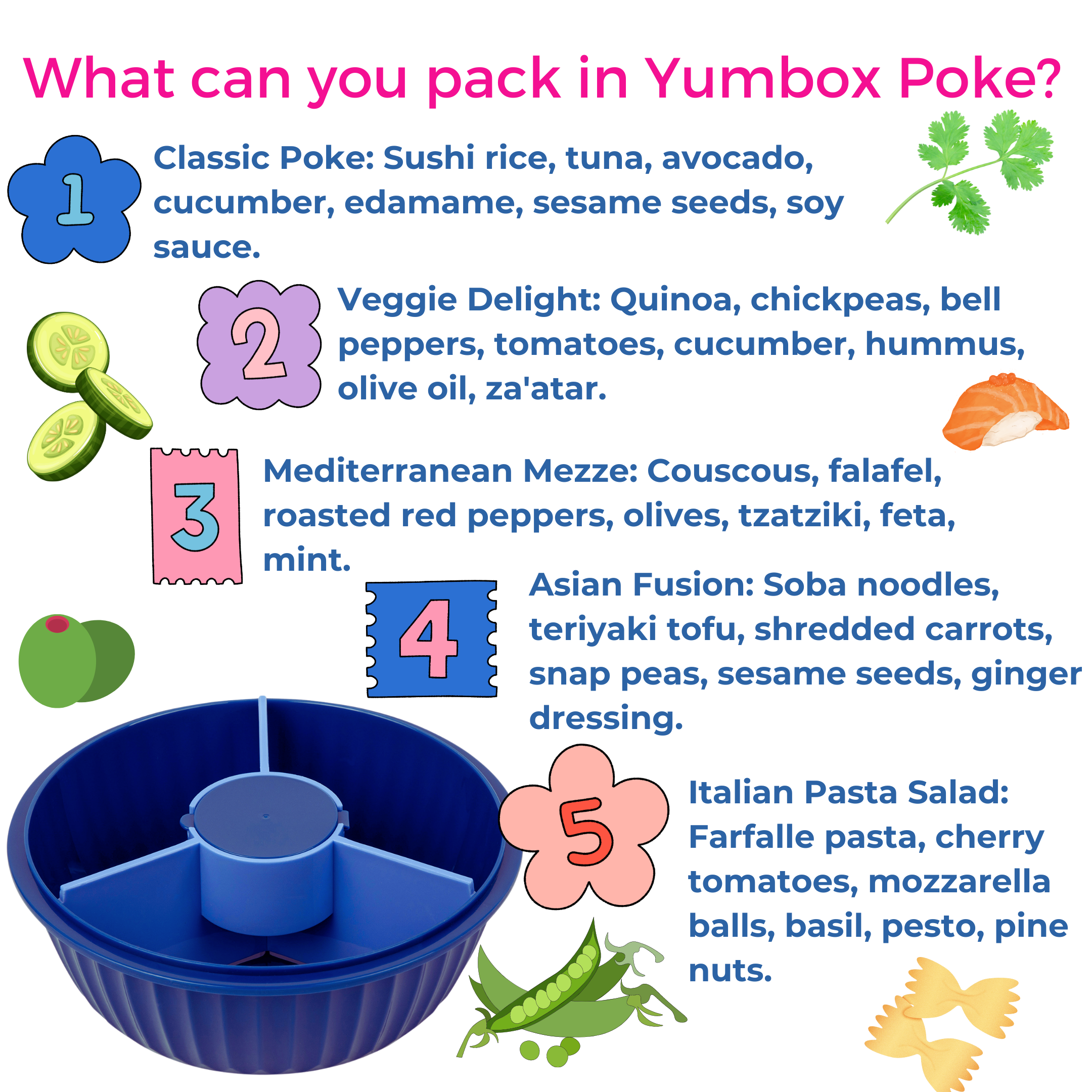 Poke Salatschüssel mit 3-teiligem Teiler und Deckel - Hawaiiblau Yumbox