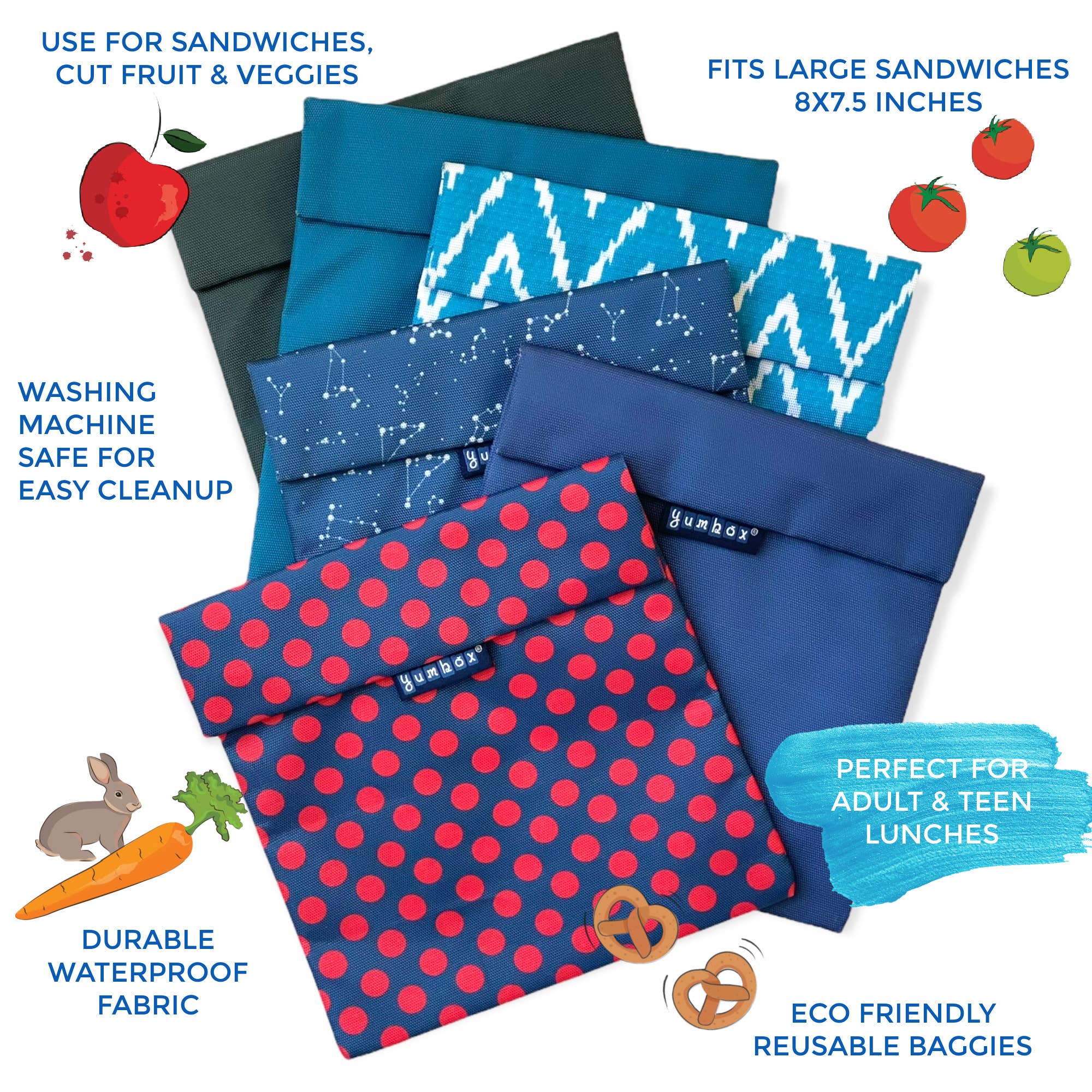 Zero Waste Sandwich-Tasche — 2er-Set — Pfau- und Zick-Zack-Pochettes Yumbox