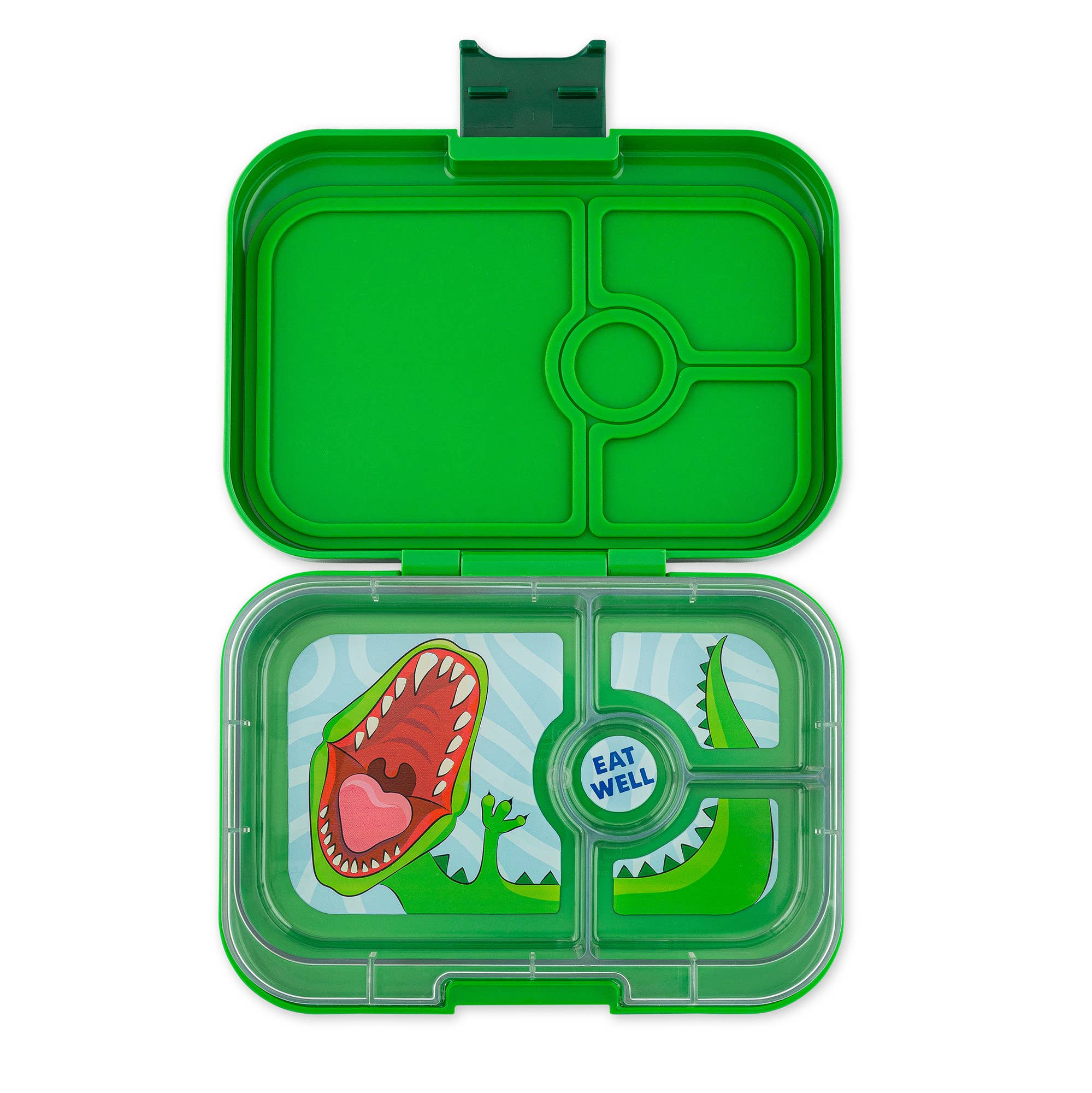 Yumbox Original - Auslaufsichere Bento-Box, mot 4 Fächer geeignet für Sandwiches, Jurassic Green (Dino) - kleiner Kratzer in Deckel Yumbox