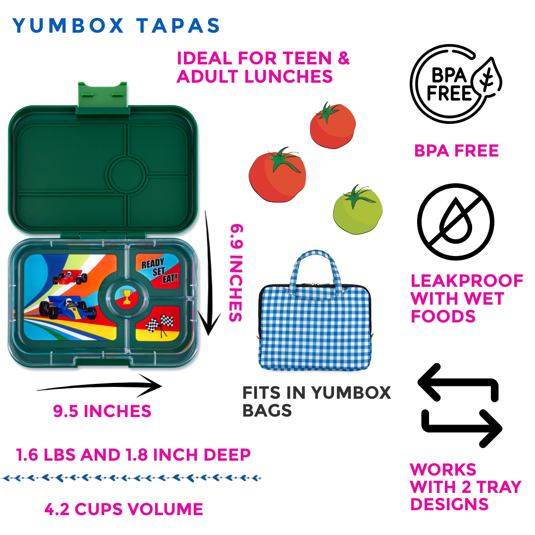 Yumbox Tapas Greenwich Green - Auslaufsicheres 4-Fächer-Tablett mit Rennwagen Yumbox
