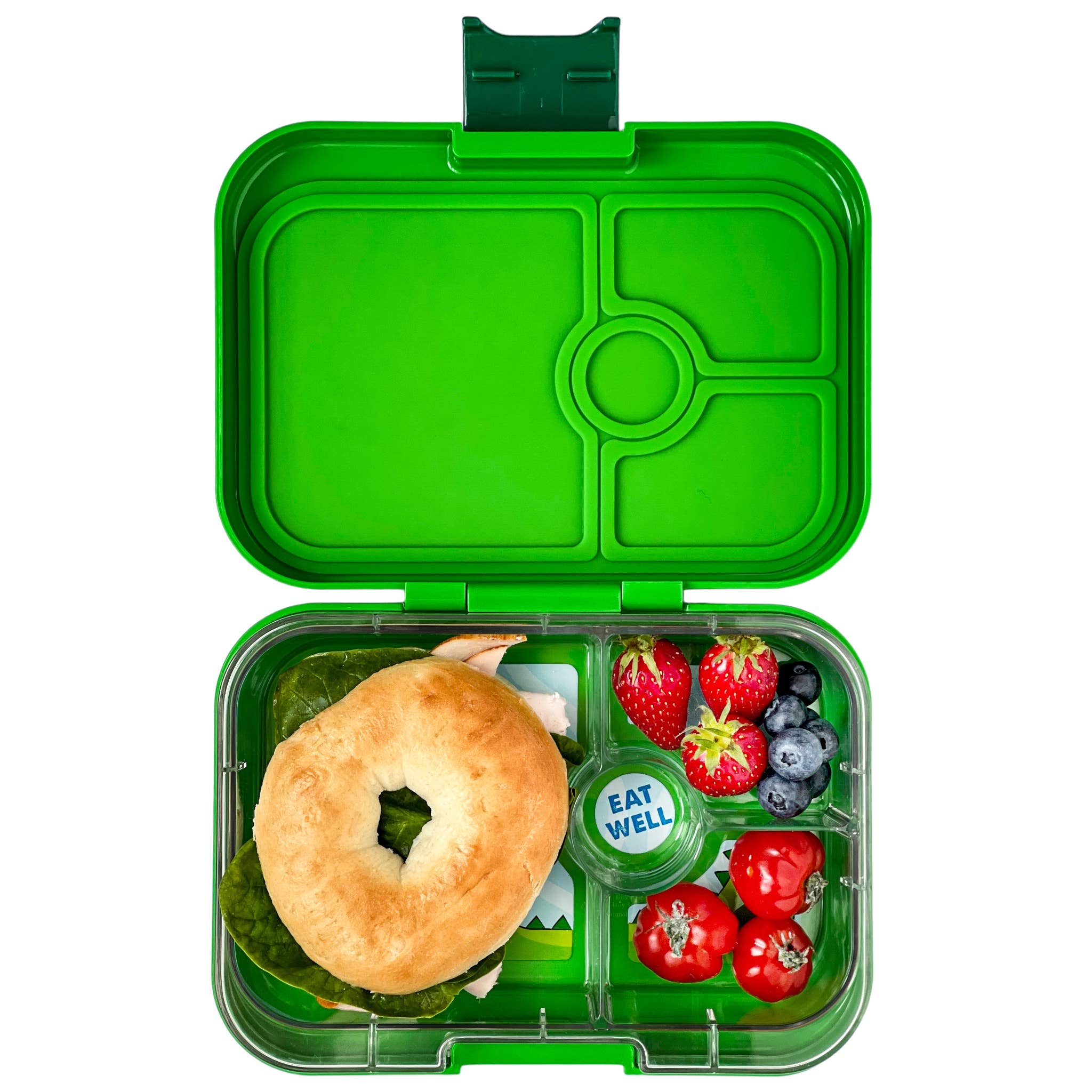 Yumbox Original - Auslaufsichere Bento-Box, mot 4 Fächer geeignet für Sandwiches, Jurassic Green (Dino) - kleiner Kratzer in Deckel Yumbox
