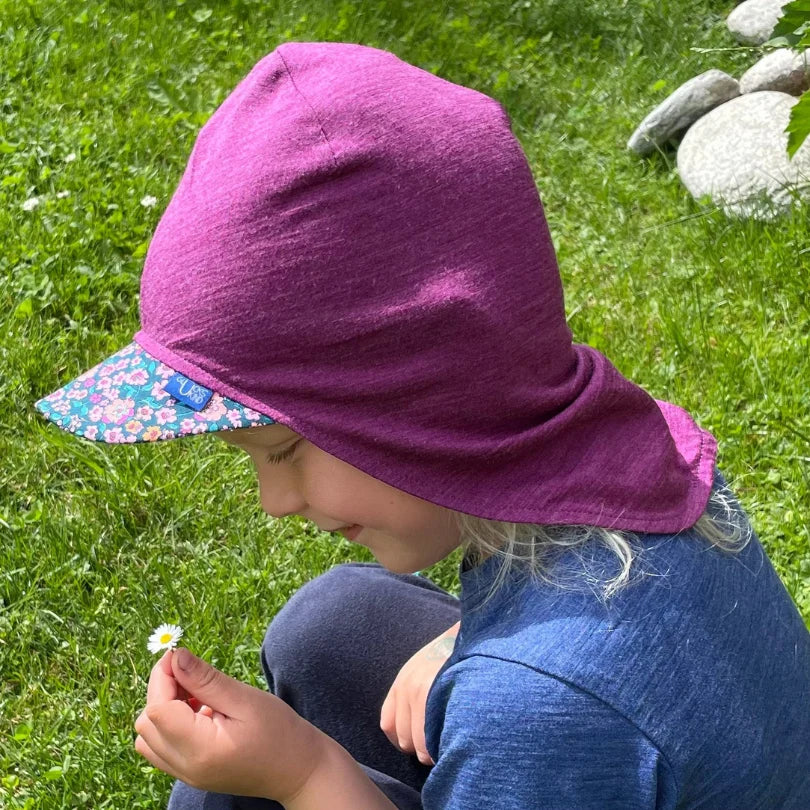 Glückskind Sommerkappe Wolle-Seide - zwetschke Blumen Glückskind