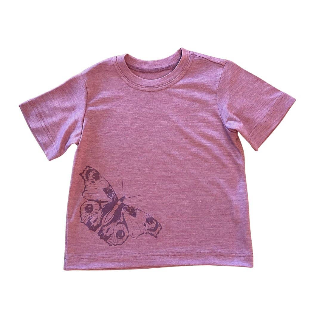 T-Shirt rosé mit Schmetterling, Merinowolle & Seide (bio/GOTS): 86-92 Glückskind