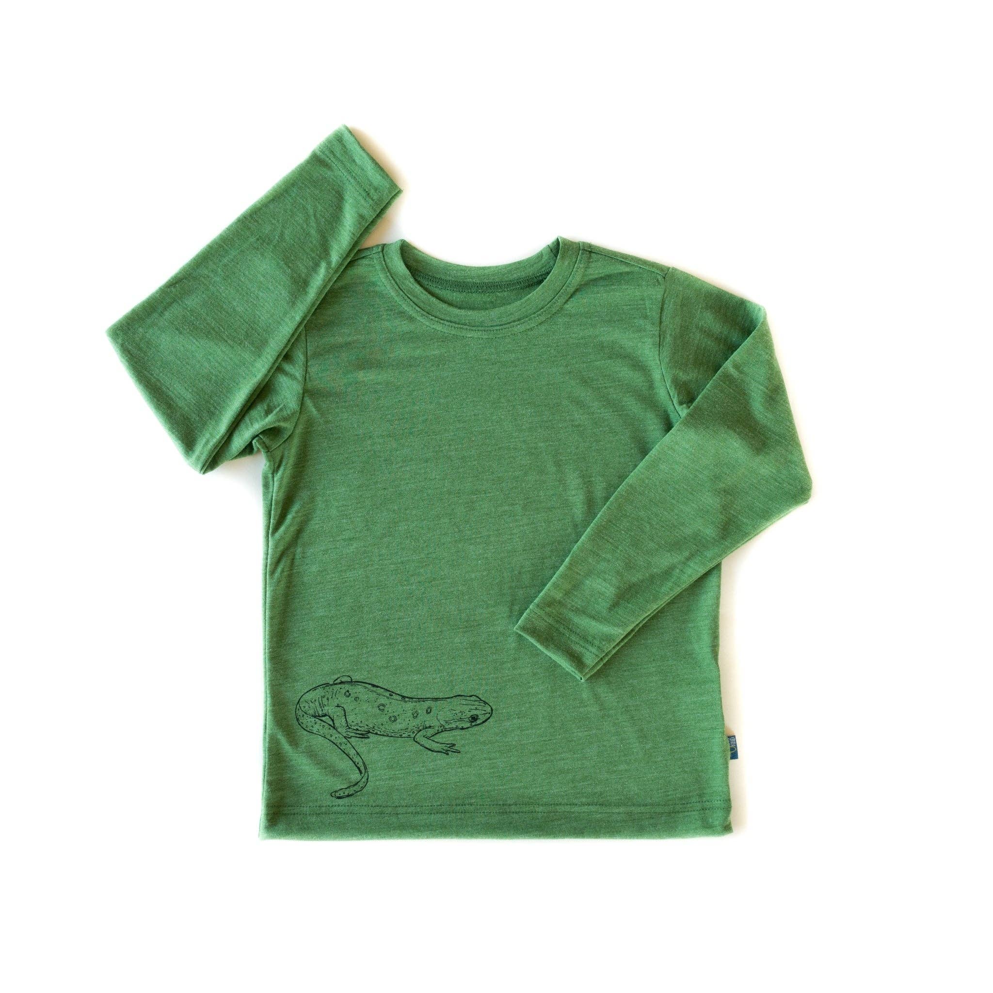 Shirt waldgrün Salamander, Merinowolle & Seide (bio/GOTS): 134-140 Glückskind