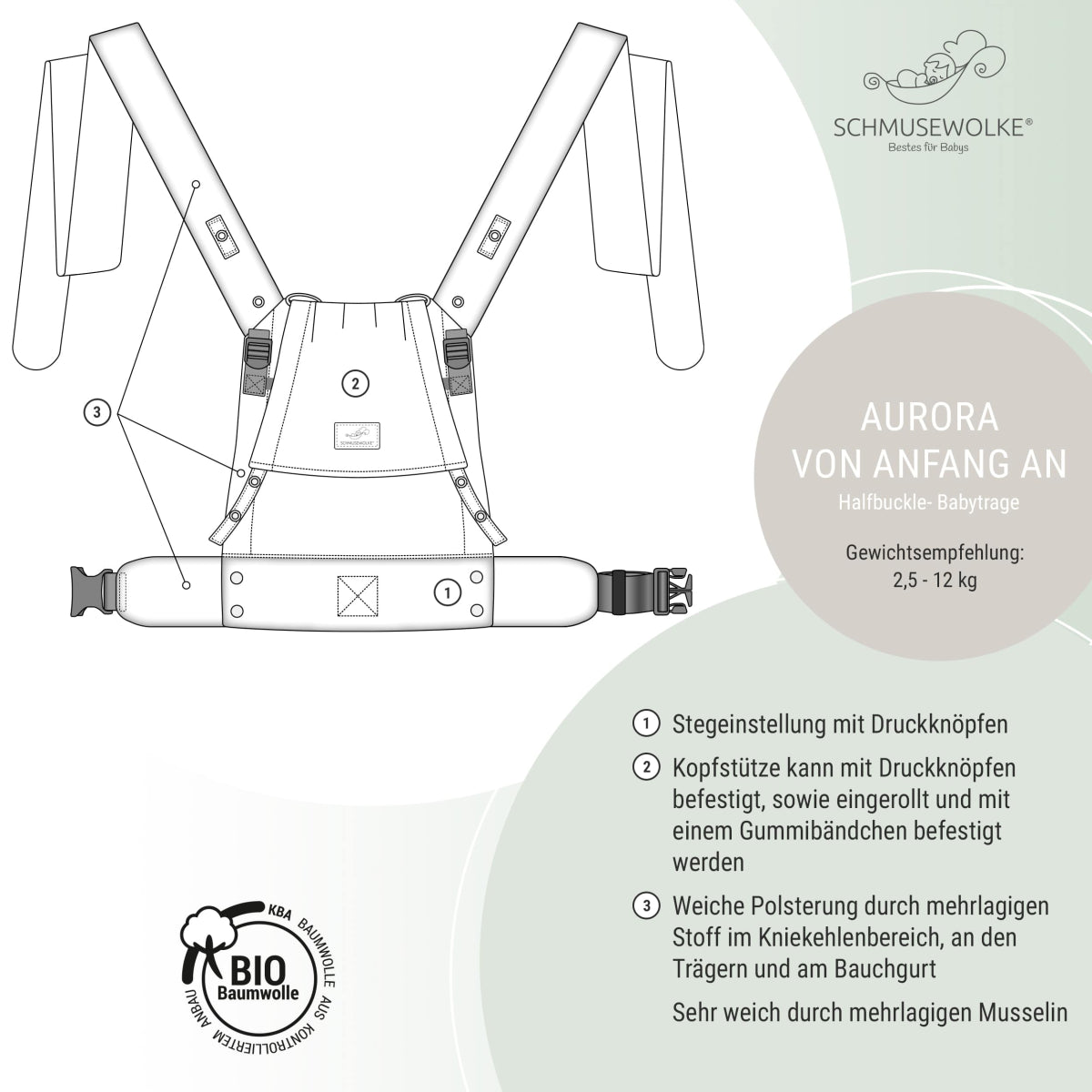 Schmusewolke Aurora Musselin Babytrage – ab Geburt, ergonomisch & kuschelig aus Bio-Baumwolle - Eucalyptus Schmusewolke