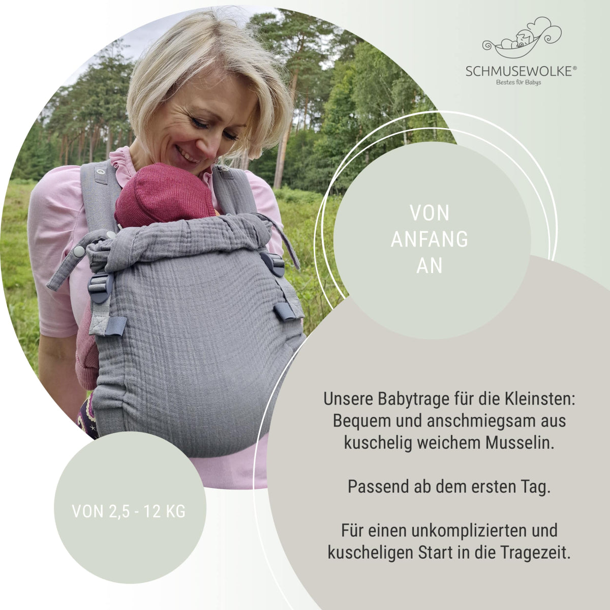 Schmusewolke Aurora Musselin Babytrage – ab Geburt, ergonomisch & kuschelig aus Bio-Baumwolle - Eucalyptus Schmusewolke