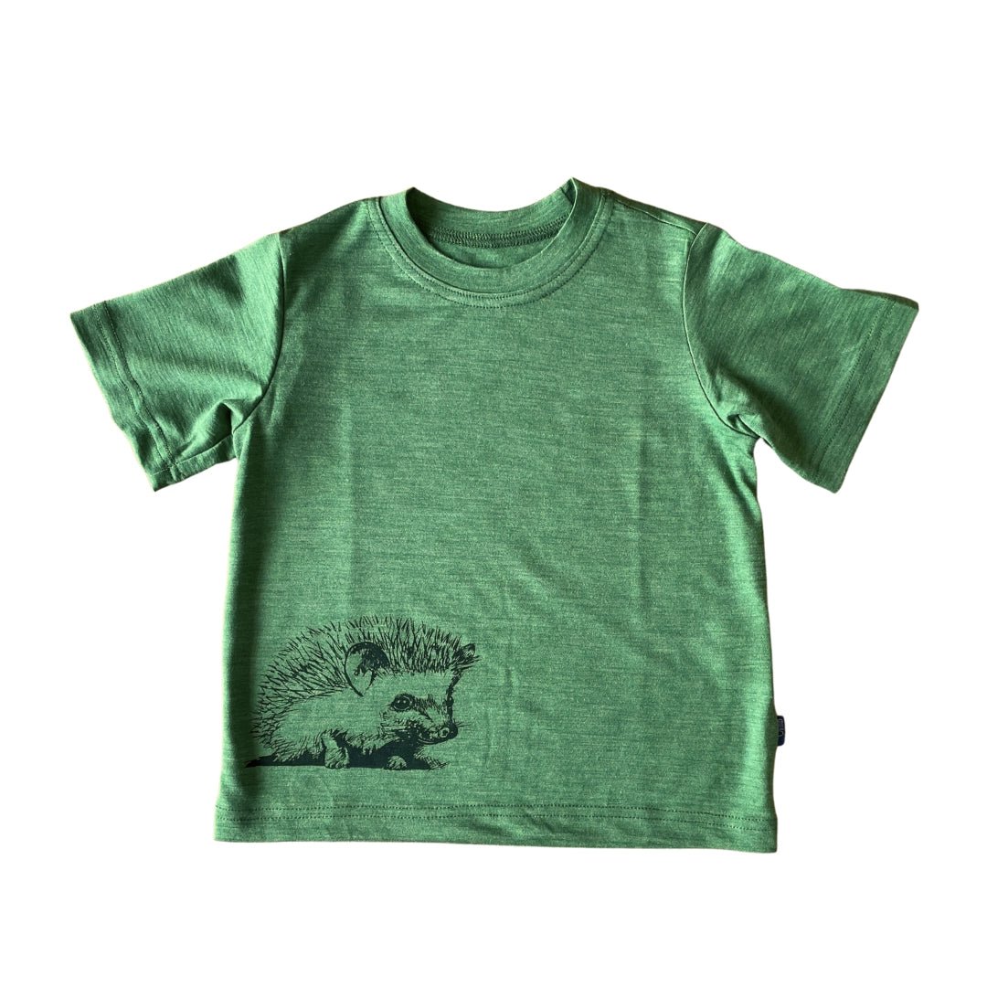 Glückskind T-Shirt Merinowolle & Seide - Waldgrün mit Igel Glückskind