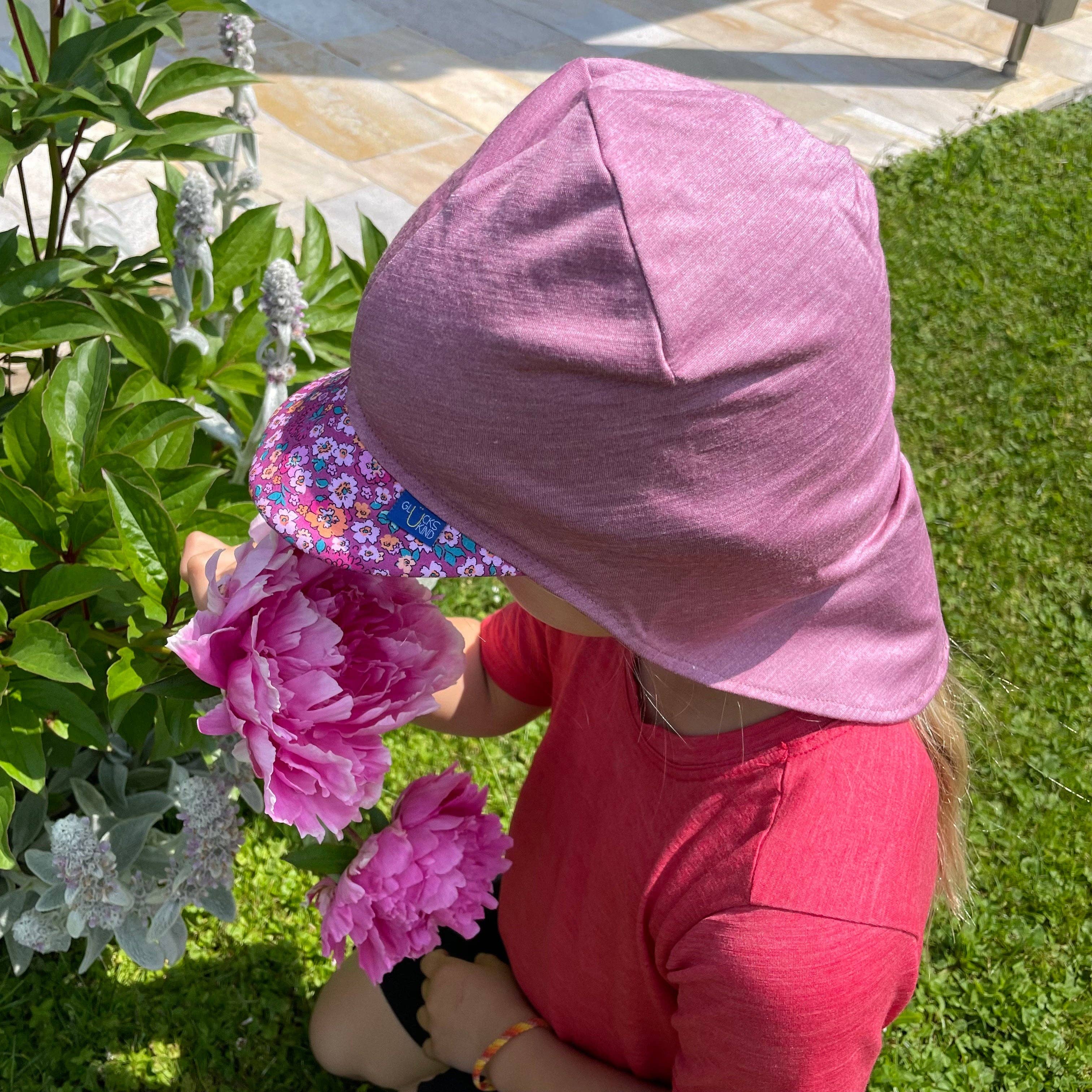 Sommerkappe rose mit Blumen limited edition, Merinowolle & Seide (bio/GOTS): XL (bis 57cm KU) Glückskind