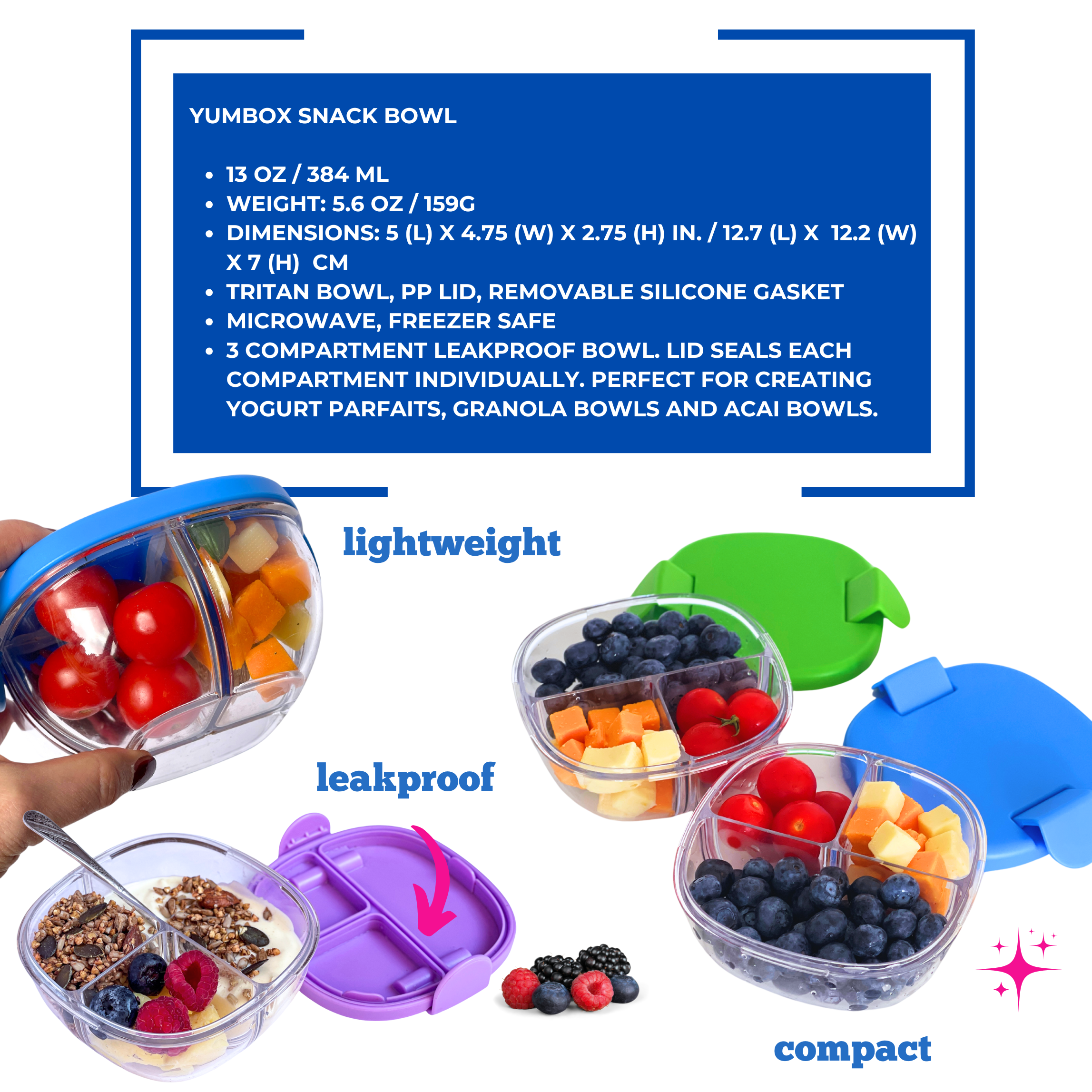Auslaufsichere Snackschale mit 3 Fächern - Himbeerrosa Yumbox