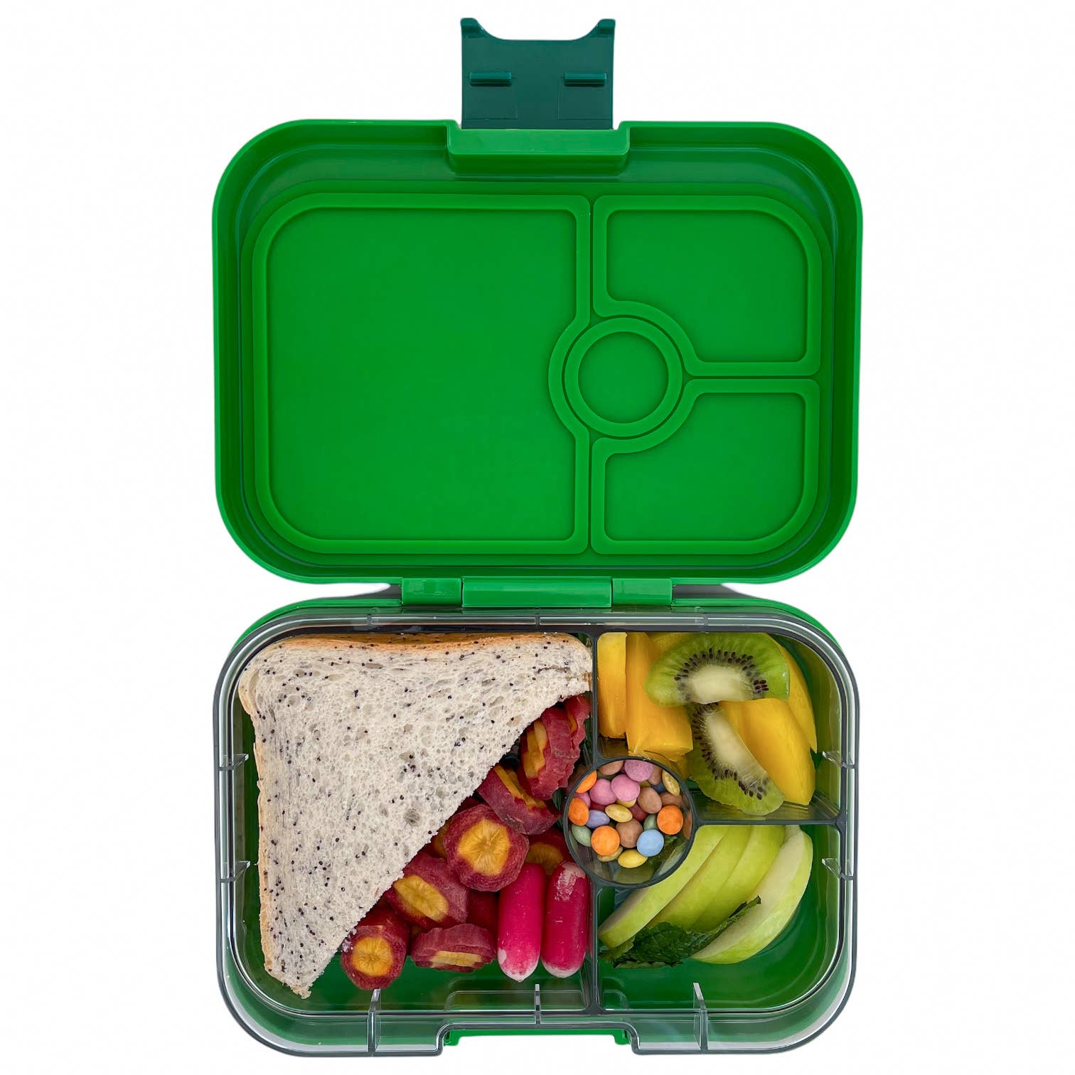 Yumbox Original - Auslaufsichere Bento-Box, mot 4 Fächer geeignet für Sandwiches, Jurassic Green (Dino) - kleiner Kratzer in Deckel Yumbox