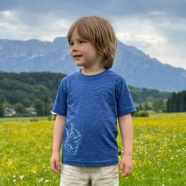 Glückskind T-Shirt Merinowolle & Seide - royalblau mit Luchs Glückskind