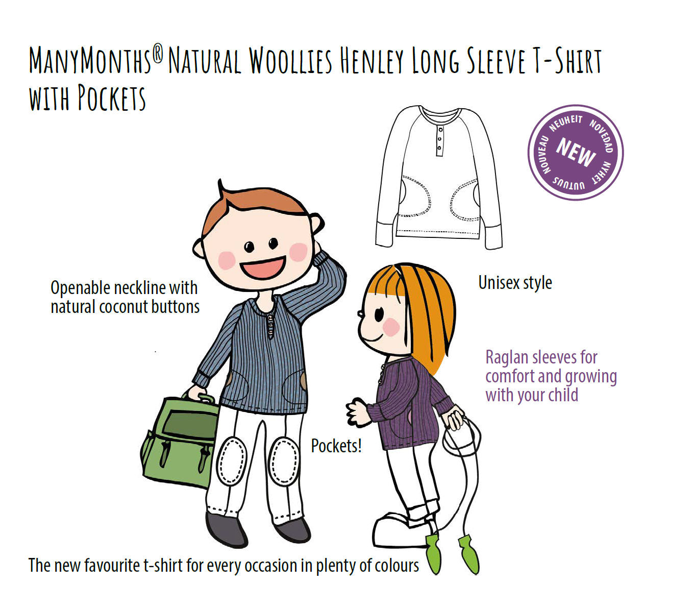 ManyMonths Natural Wollies Henley Long Sleeve T-Shirt mit Taschen - Tangerine Marmalade ManyMonths