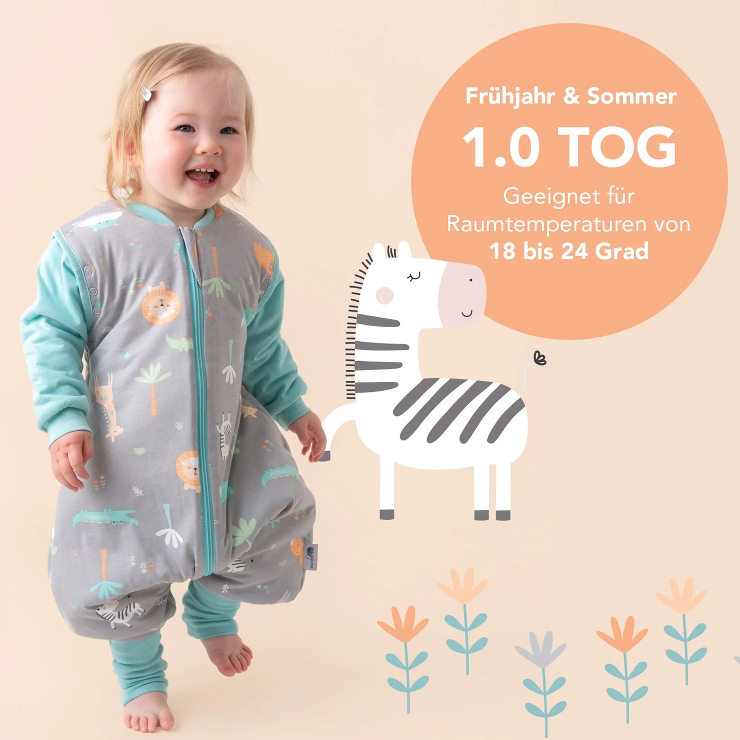 Schlafsack mit Füssen, umklappbaren Bündchen und Ärmeln 1.0 TOG Safari Slumbersac