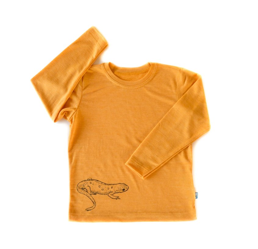 Glückskind Shirt Merinowolle & Seide - sonnengelb mit Salamander - Familienbande - Glückskind