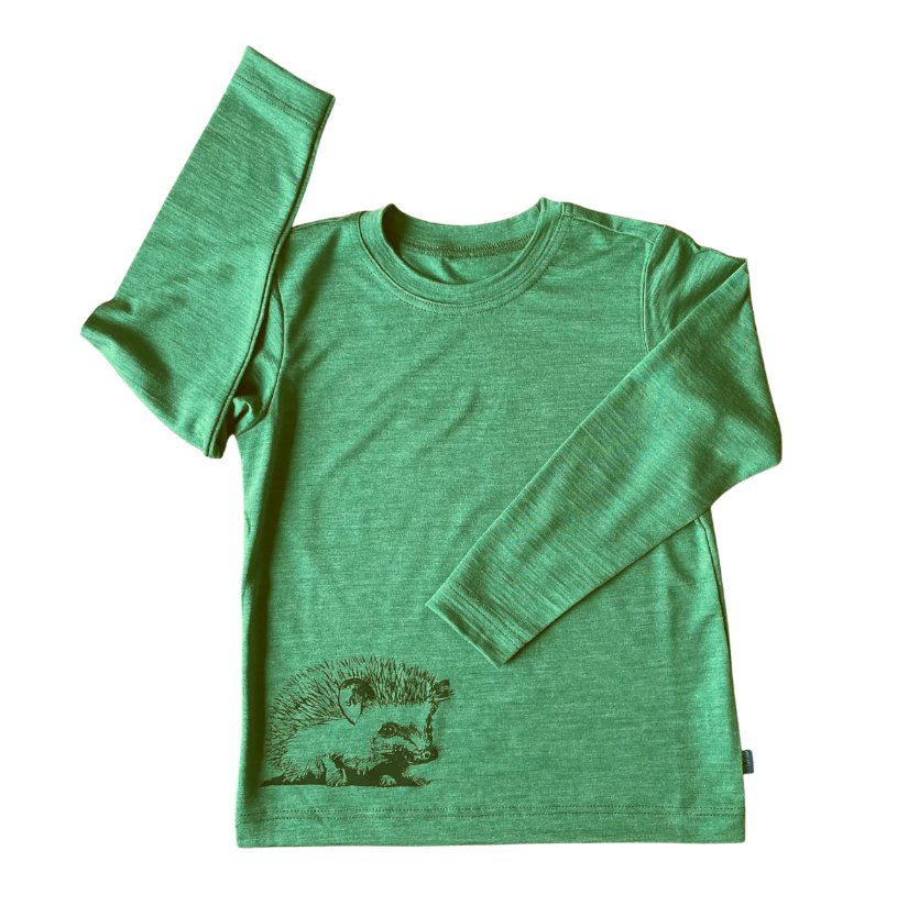 Glückskind Shirt Merinowolle & Seide - waldgrün mit Igel - Familienbande - Glückskind
