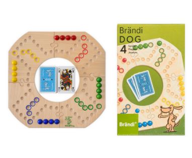 Brändi Dog Brettspiel Grundversion in der Schachtel | Teamspiel für 4 Spieler mit Karten & Murmeln Brändi