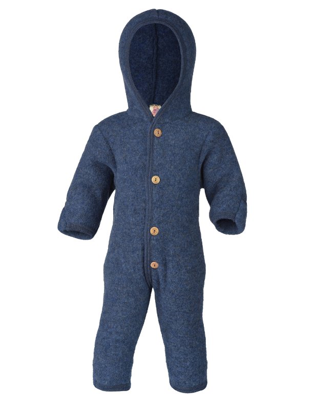 Engel Wollfleece Overall mit Kapuze und Knöpfen - Blau melange Engel