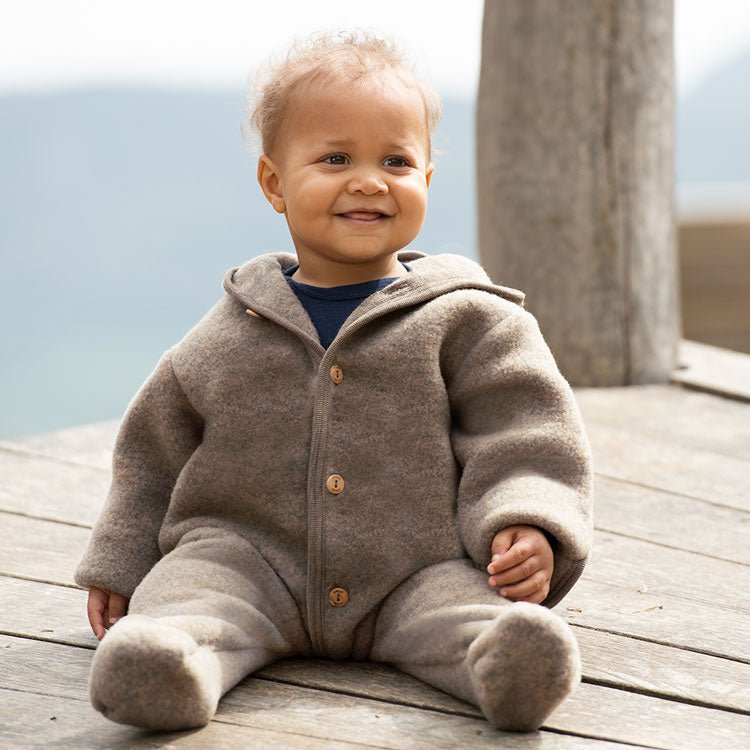 Engel Wollfleece Overall mit Kapuze und Knöpfen - Blau melange Engel