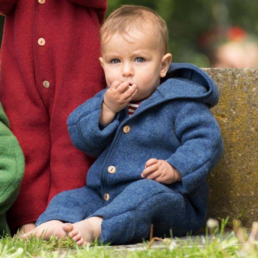 Engel Wollfleece Overall mit Kapuze und Knöpfen - Blau melange Engel