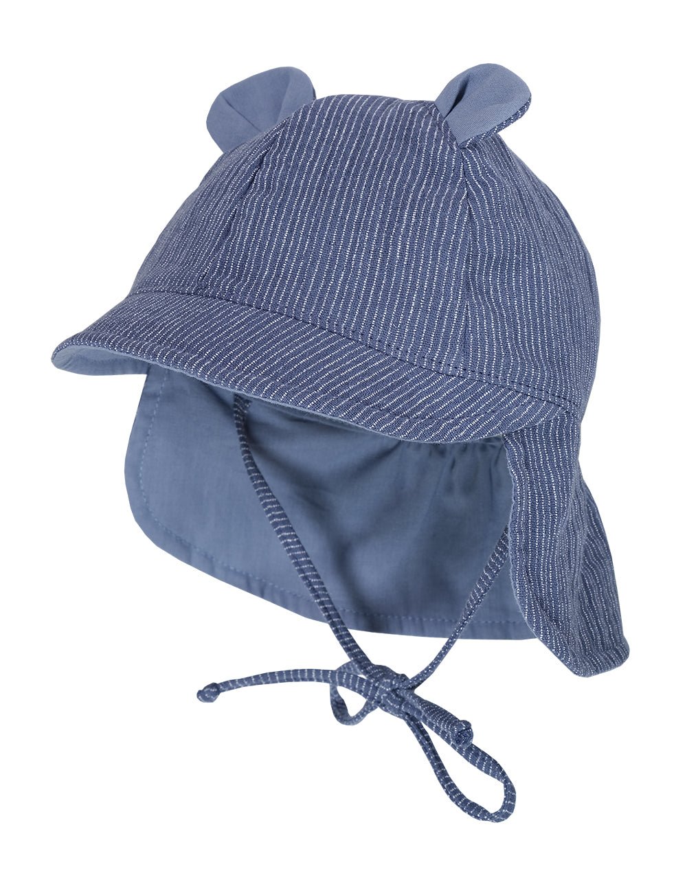 Maximo Öhrchen Musselinmütze mit Nackenschutz - altindigo-weiss-streifen - Familienbande