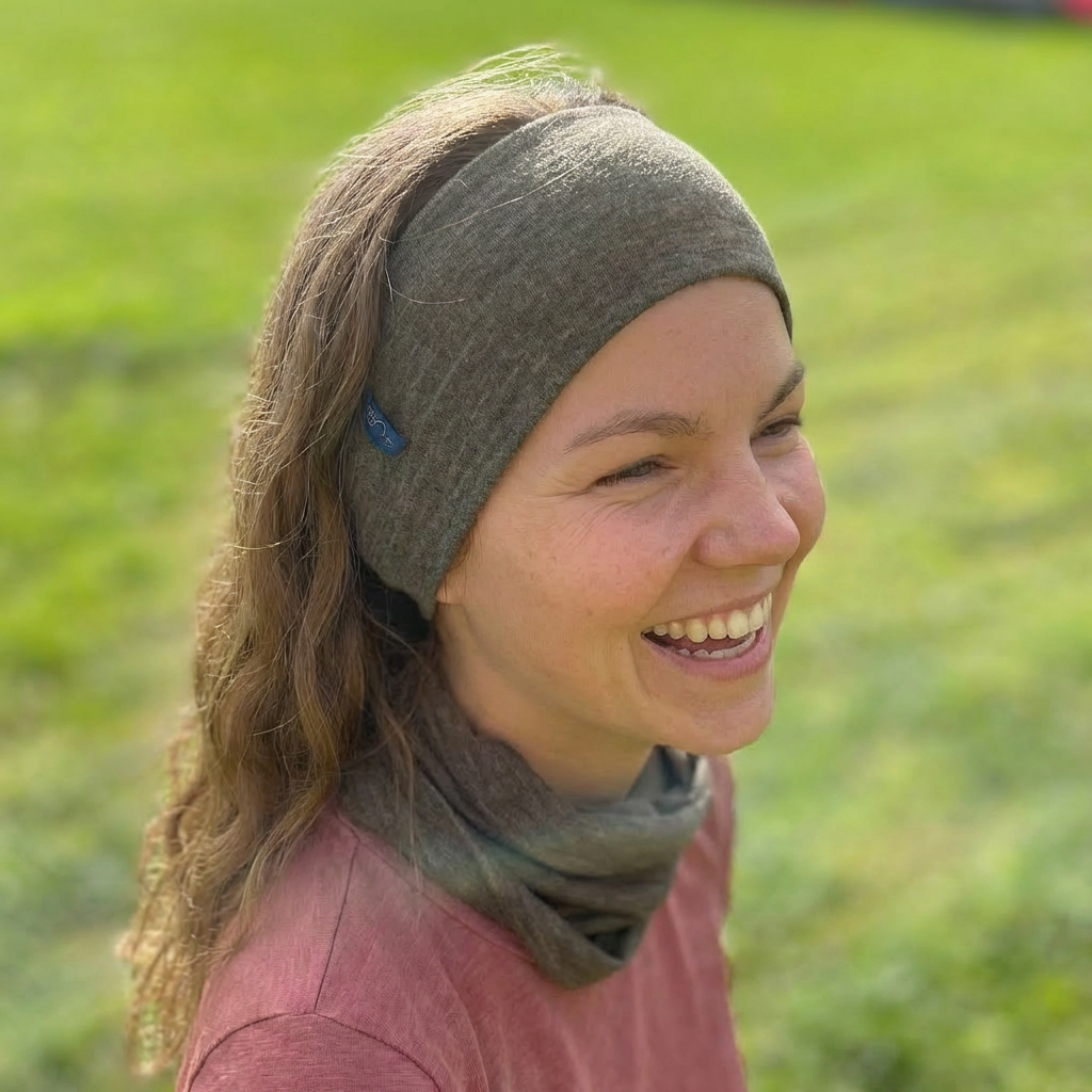 Stirnband muskat braun, Merinowolle & Seide (bio/GOTS): L Glückskind