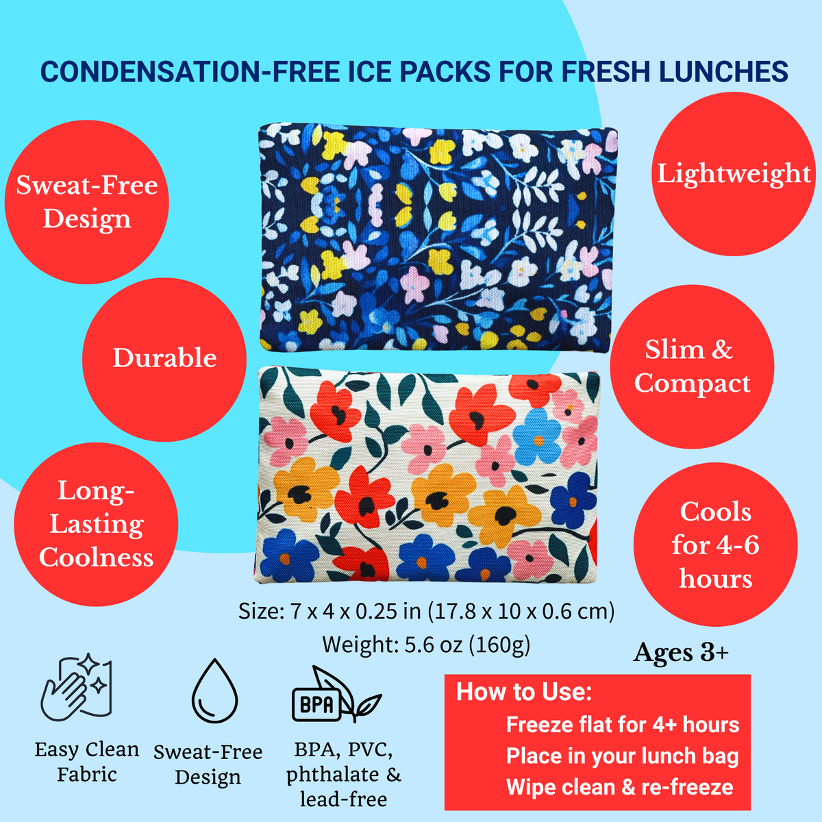 Gel-Eisbeutel in Stoffhüllen 2er-Pack - Blumenmuster Yumbox