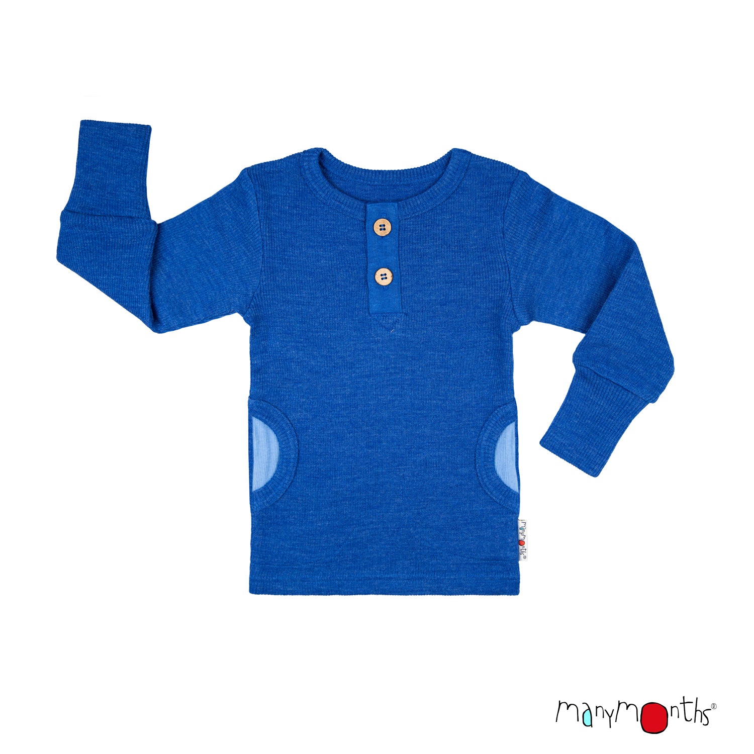 ManyMonths Natural Wollies Henley Long Sleeve T-Shirt mit Taschen - Classic Blue ManyMonths