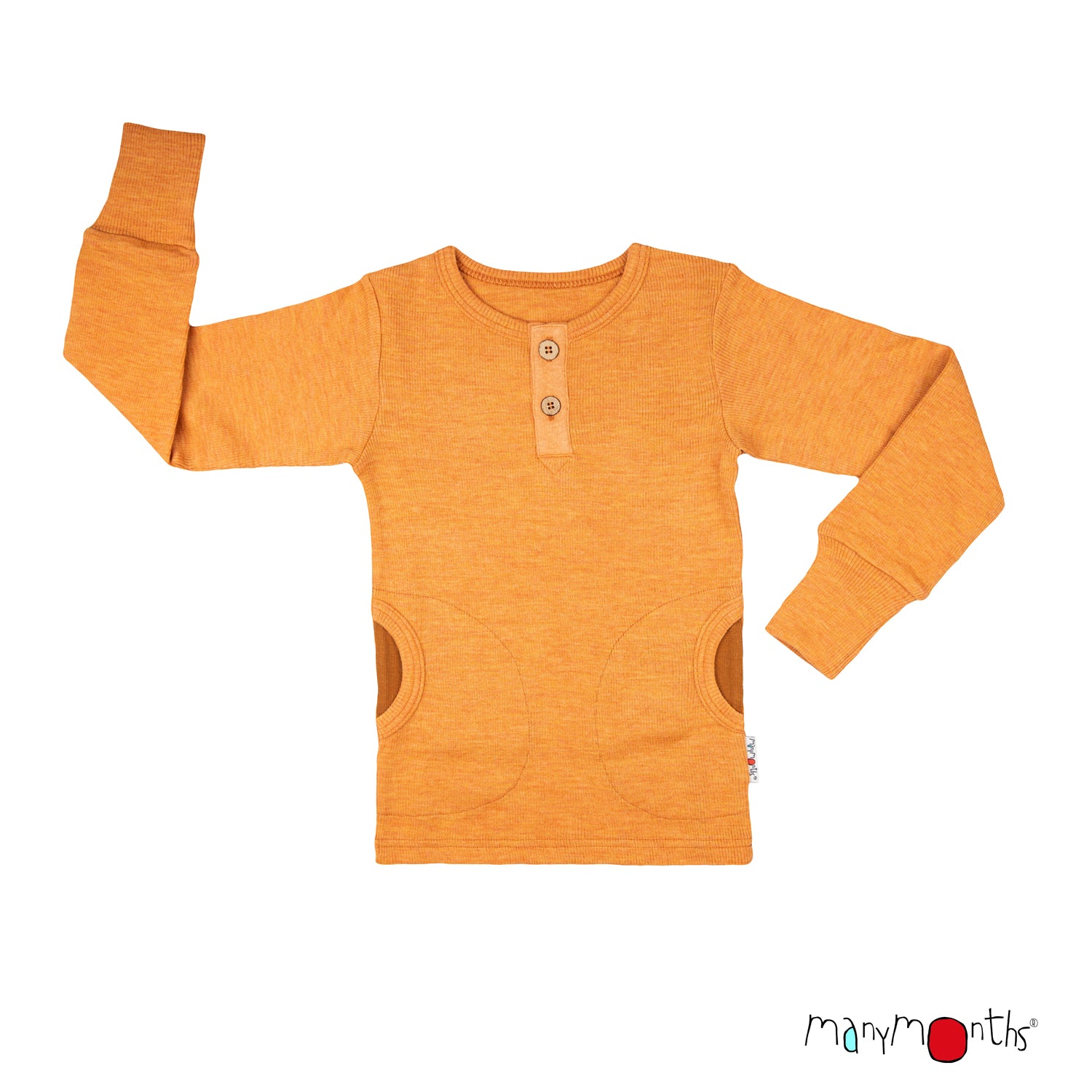 ManyMonths Natural Wollies Henley Long Sleeve T-Shirt mit Taschen - Tangerine Marmalade ManyMonths
