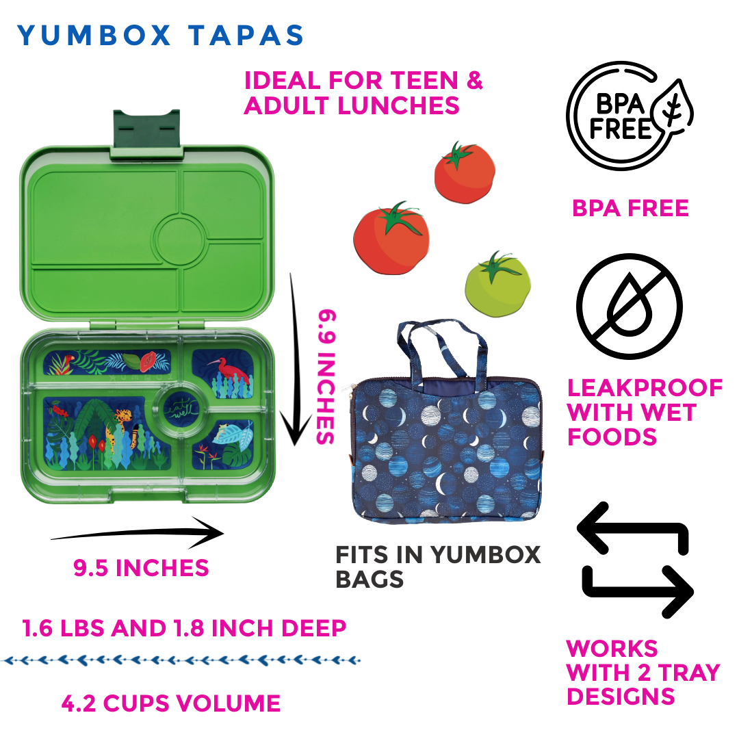 Auslaufsichere Yumbox Tapas - Jurassic Green, 5 Fächer Yumbox
