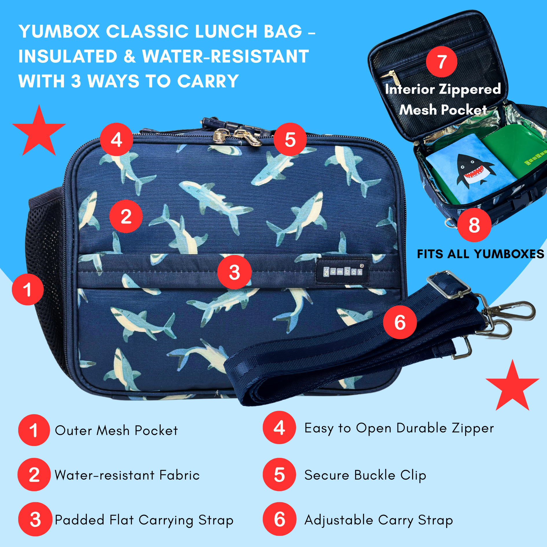 Yumbox Classic Lunch Bag – Isolierte & wasserabweisende Brotdose-Tasche mit 3 Trageoptionen - Hai Yumbox