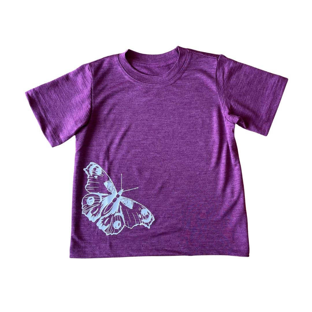 T-Shirt zwetschke mit Schmetterling, Merinowolle & Seide (bio/GOTS): 86-92 Glückskind
