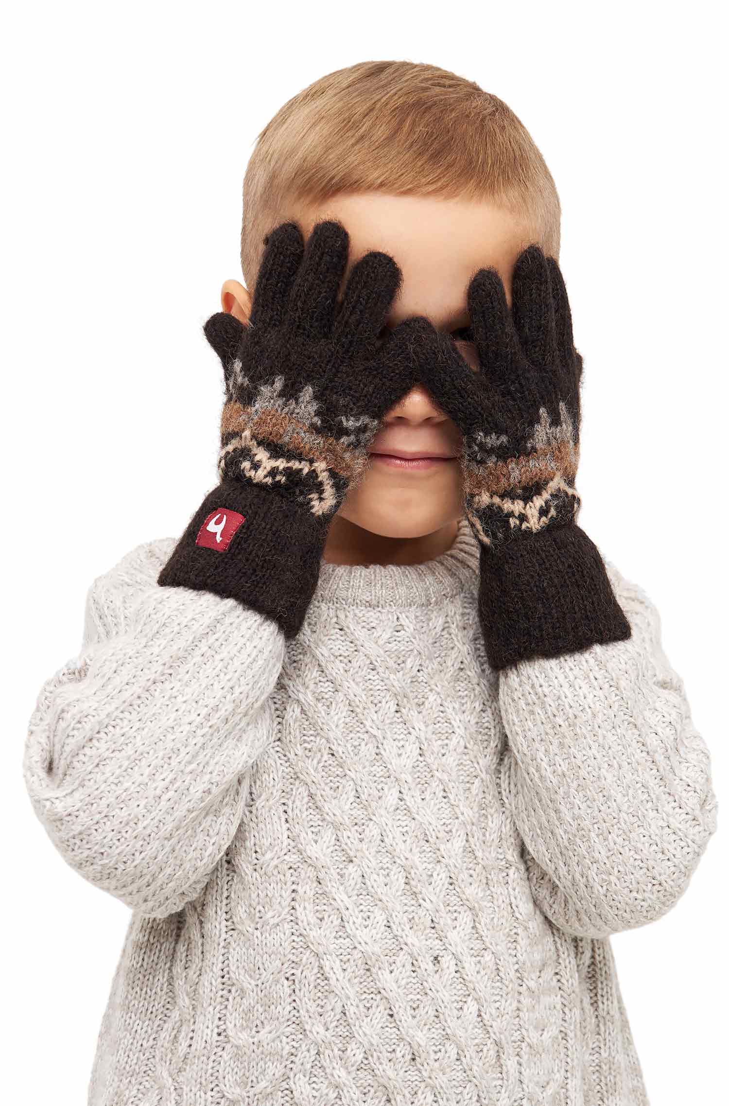 Fingerhandschuhe aus Alpakawolle Kinder - Natur-schwarz Apu Kuntur