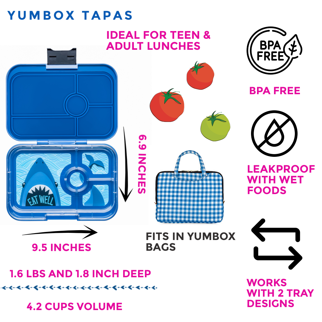 Lecksichere Yumbox Tapas Bento Lunchbox, Monte-Carlo-Blau, 4 Fächer mit Haifischschale Yumbox