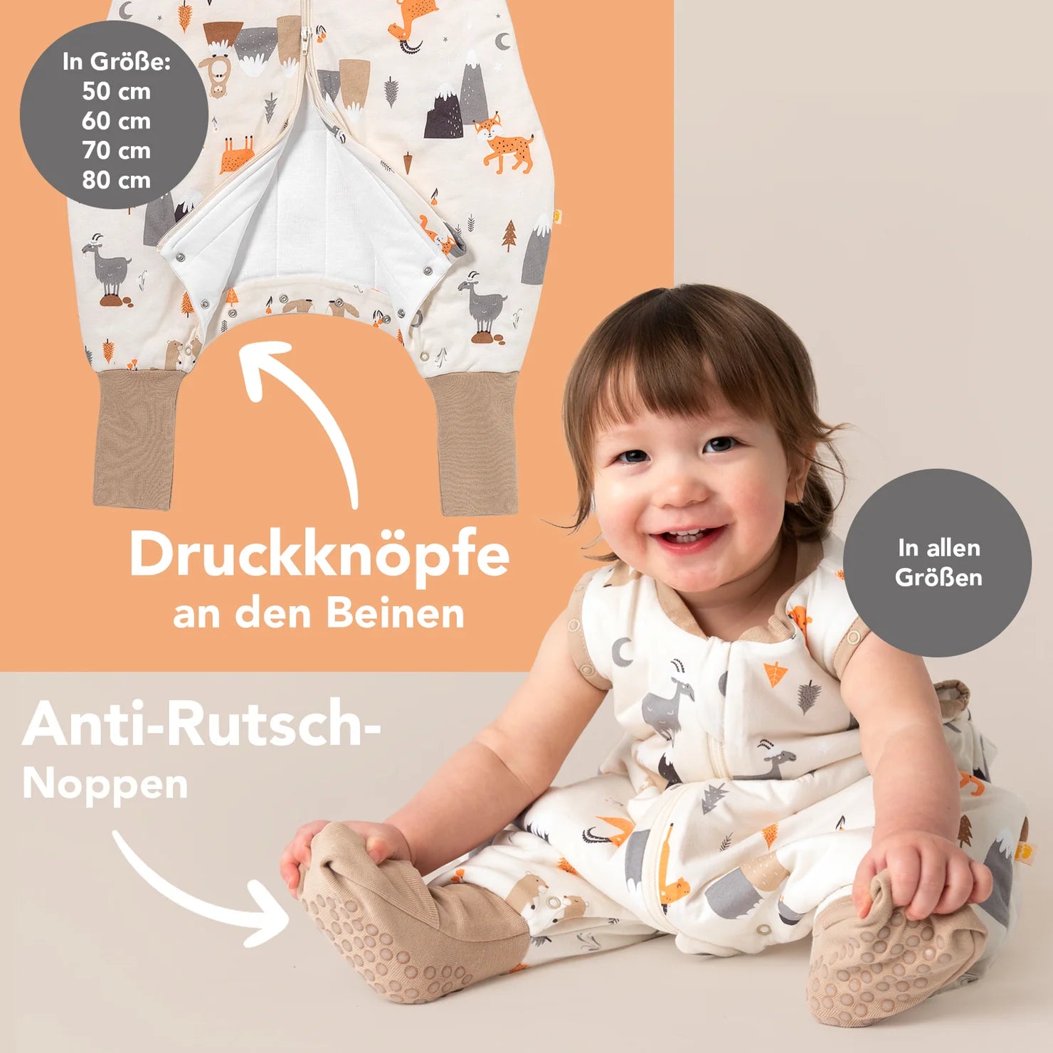 schlafsack 1 tog 70 cm Schlafsack mit Füssen, umklappbaren Bündchen und Ärmeln 1.0 TOG Bergtiere