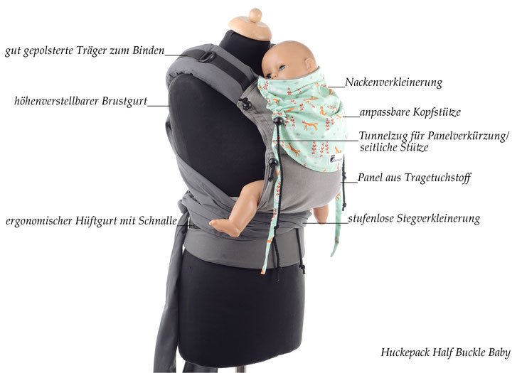 Huckepack Halfbuckle Traghilfe baby hellblau/grau - Familienbande